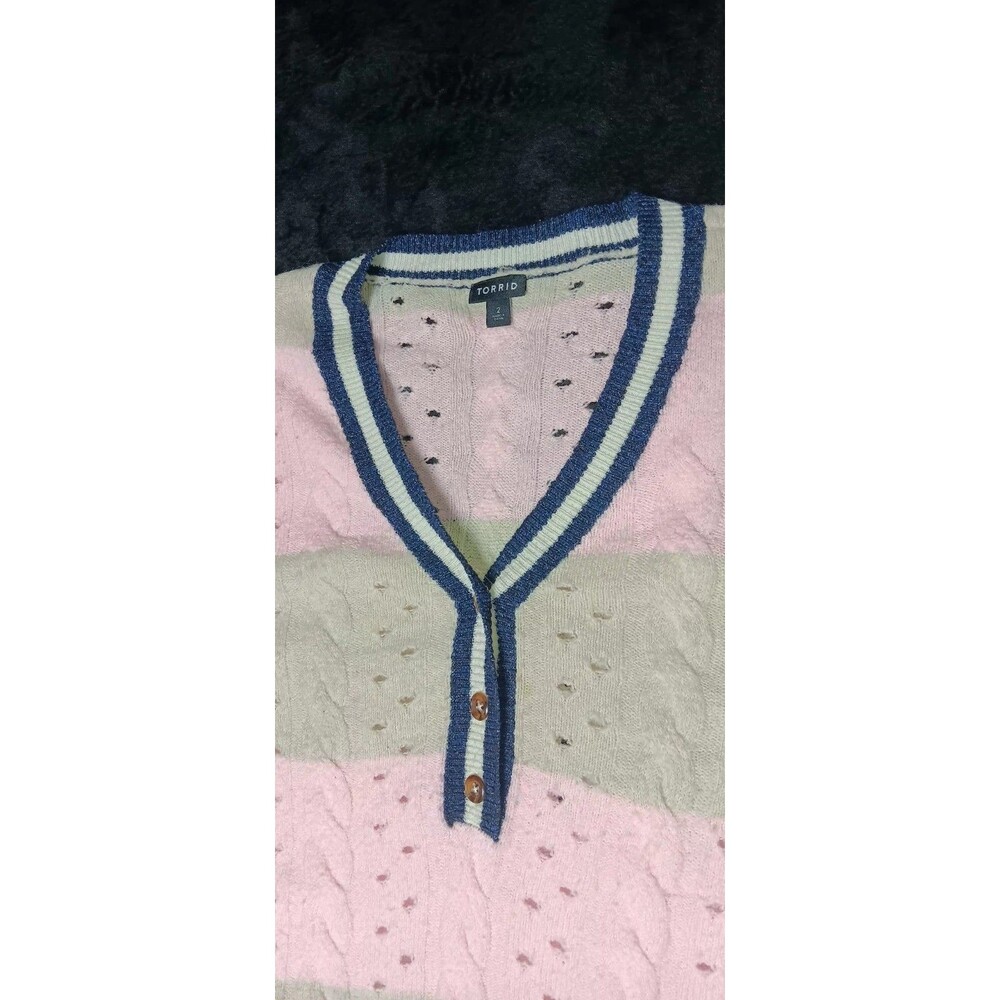 Torrid Pointelle Pullover Henley Sweater 2 Striped Preppy Academia Varsity Cozy - Picture 3 of 13